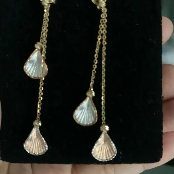 Tri-Color 14K Gold Calla Lily Dangle Earrings, Sea shell - Picture 4 of 8